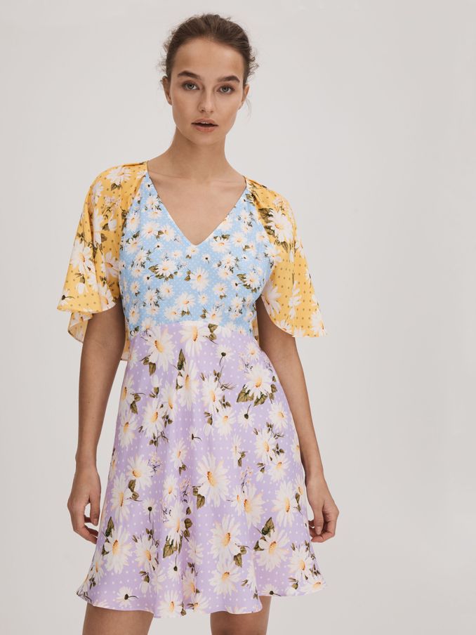 Florere Printed Cape Sleeve Mini Dress in Multi (K72526) | US$86