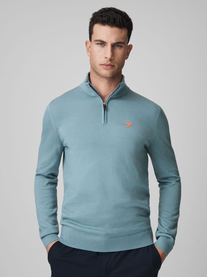 McLaren F1 Merino Half-Zip Funnel Neck Jumper in Soft Blue (K72530) | US$111