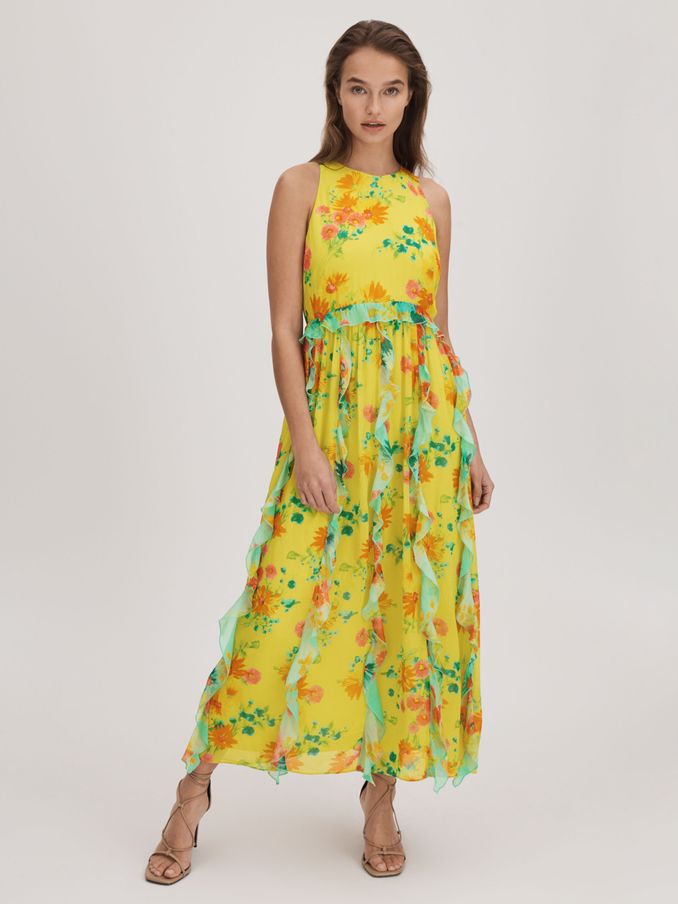 Florere Printed Ruffle Midi Dress in Lime (K72535) | €114
