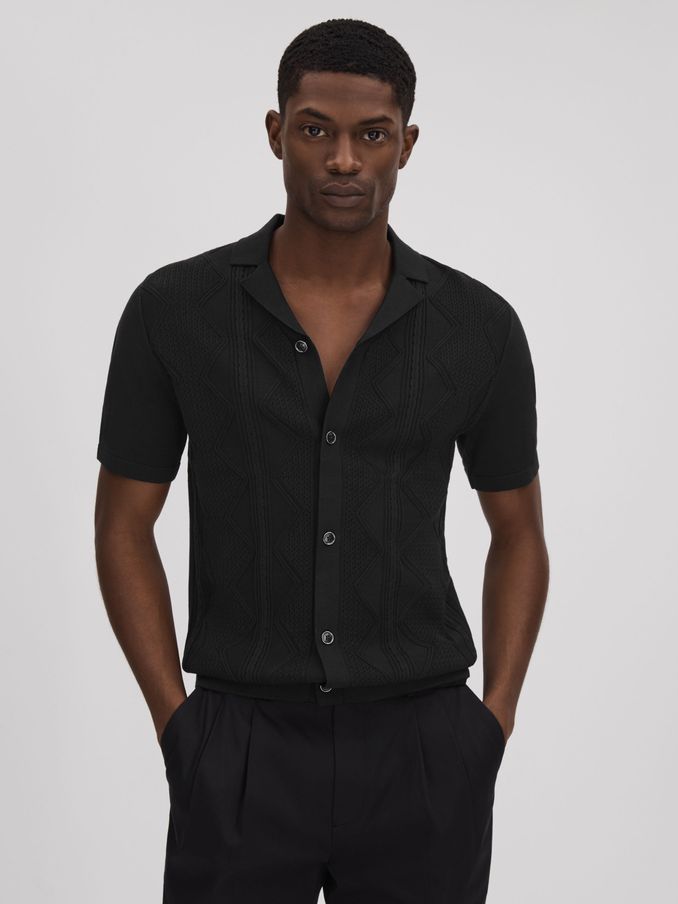 Cable Knit Cuban Collar Shirt in Black (K74318) | €83