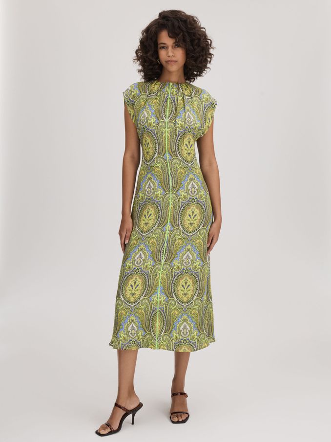 Florere Printed Tie Back Midi Dress in Lime/Green (K74328) | US$131