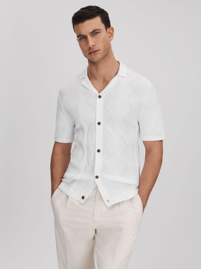 Cable Knit Cuban Collar Shirt in White (K74331) | €83