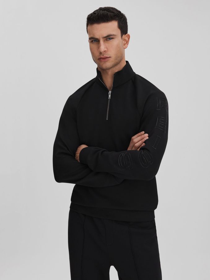 Interlock Jersey Half-Zip Funnel Neck Sweatshirt in Black (K74347) | €85