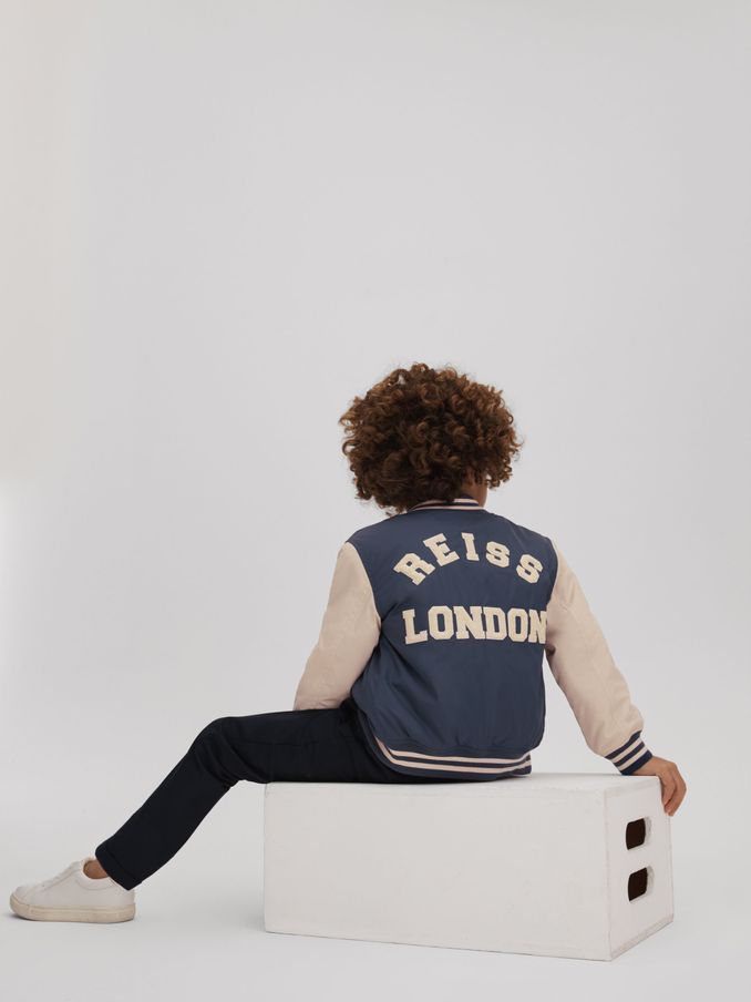 Senior Colourblock Varsity Bomber Jacket With Linen in Airforce Blue/Stone (K74348) | €48