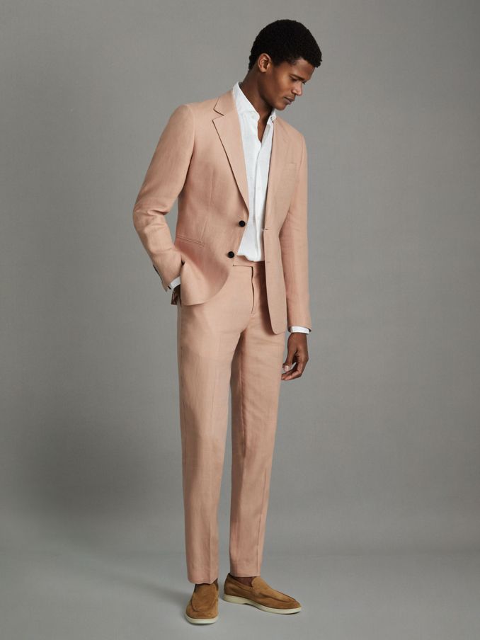 Linen Tapered Trousers Slim-Fit in Pink (K74372) | HK$882
