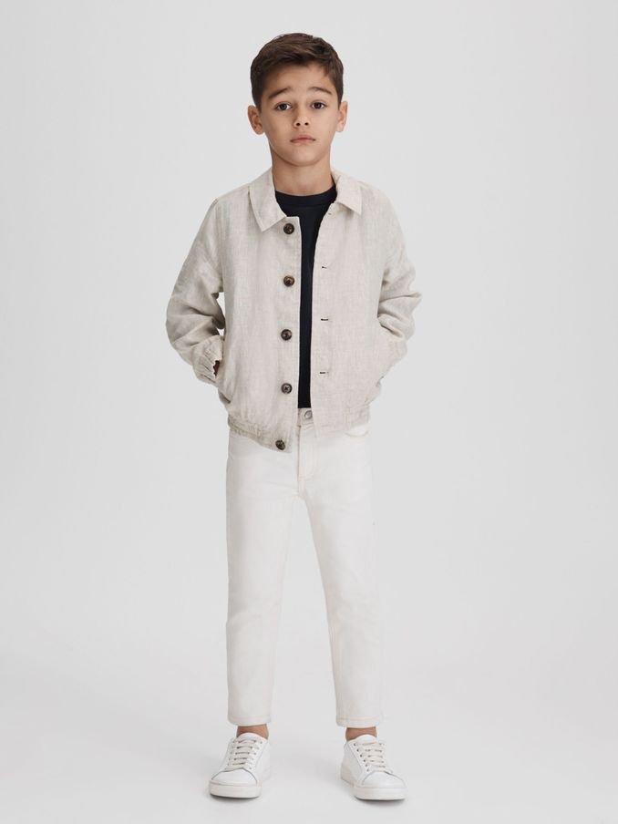 9-13 yrs Linen Elasticated Trim Bomber Jacket in Stone (K74384) | US$49