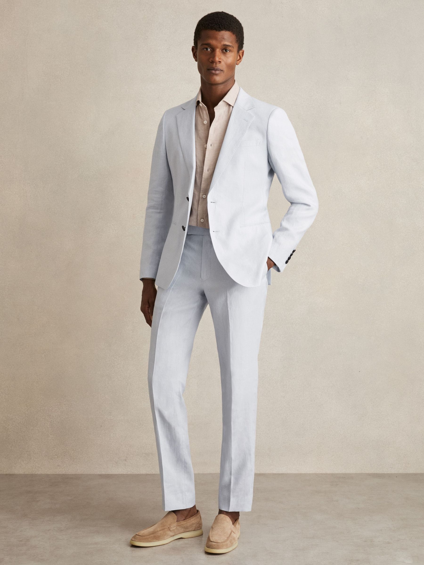Slim Fit Linen Trousers in Soft Blue (K74395) | US$240