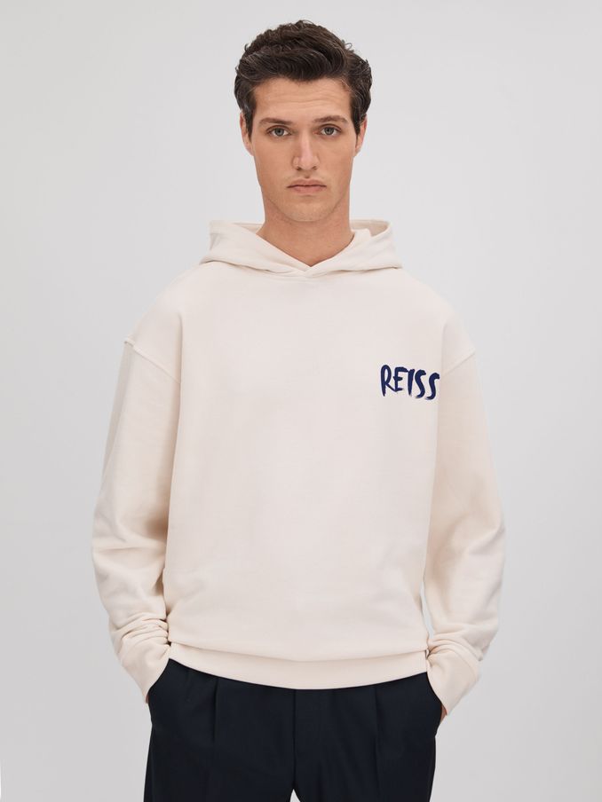 Cotton Relaxed Motif Hoodie in Ecru/Blue (K74399) | 256 SAR