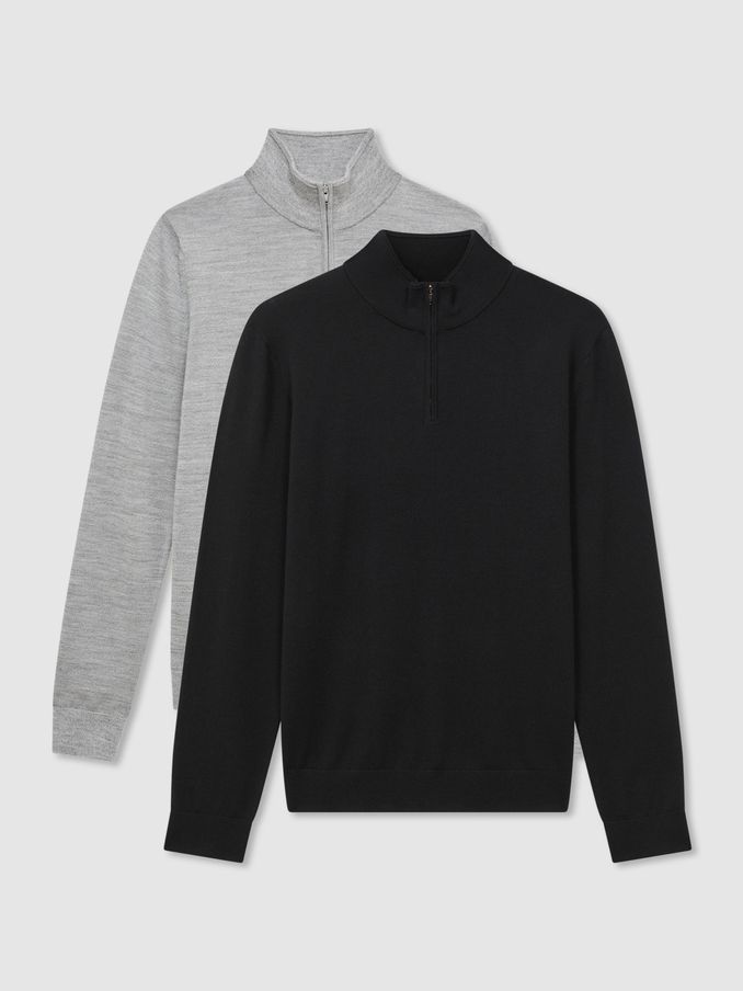 2 Pack Of Merino Wool Zip-Neck Jumpers in Black/Soft Grey (K74405) | $141
