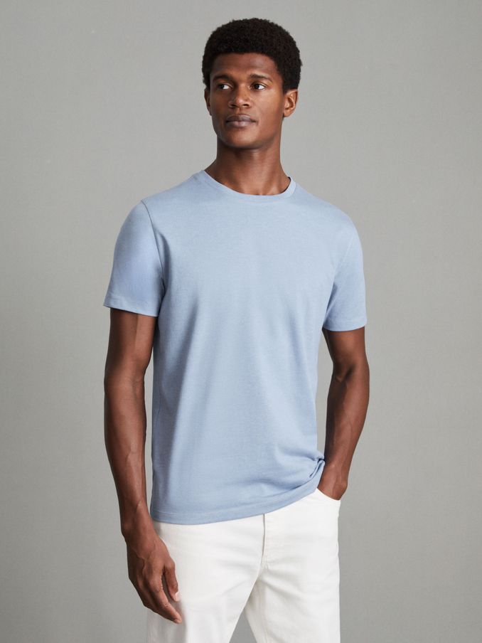 Cotton Crew Neck T-Shirt in Delph Blue Melange (K74437) | HK$237