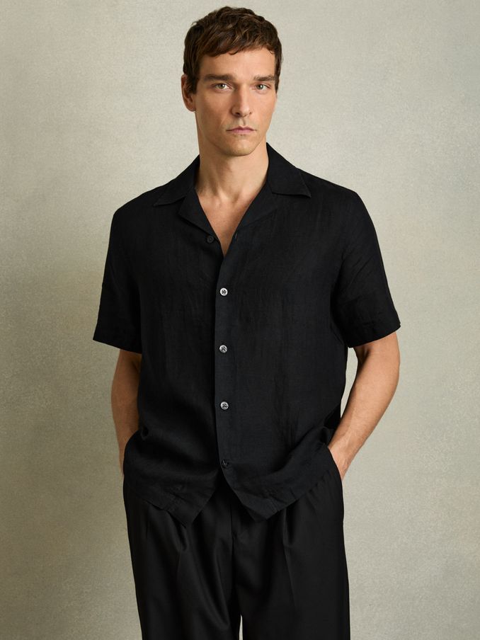 Relaxed Linen Cuban Collar Shirt in Black (K74854) | HK$362