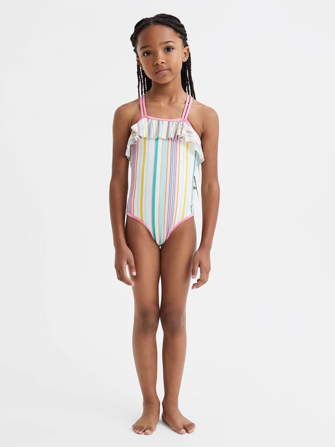 9-13 yrs Striped Frilly Cross-Back Swimsuit in Multi (K74865) | US$35