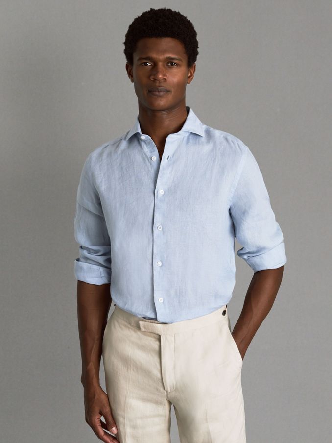 Linen Button-Through Shirt in Light Blue (K76096) | US$94