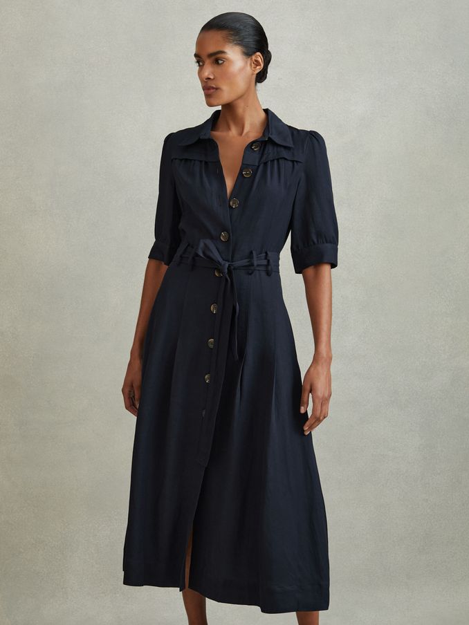 Belted Cap Sleeve Midi Dress With Linen in Navy (K76119) | US$166