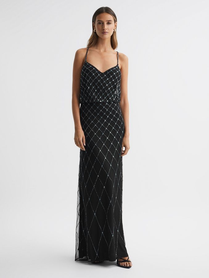 Raishma Embellished Cross-Strap Maxi Dress in Black/Gunmetal (K77551) | €258