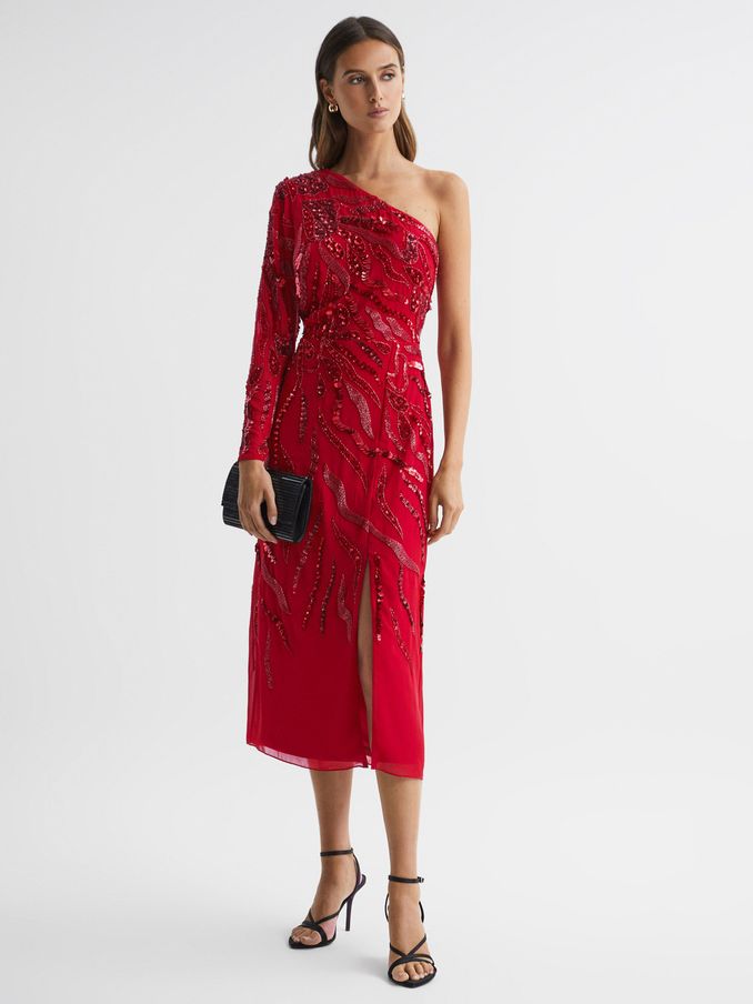 Raishma Embellished One-Shoulder Midi Dress in Bright Red (K77587) | US$298