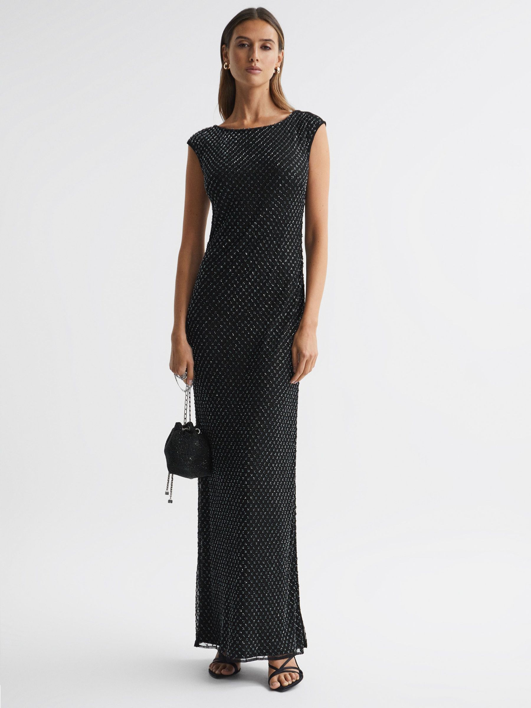 Raishma Embellished Semi-Sheer Maxi Dress in Black/Gunmetal (K77613) | SGD 428