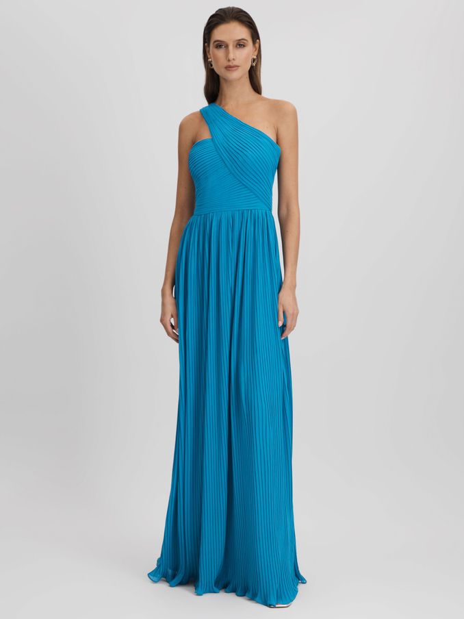 Amur One Shoulder Pleated Maxi Dress in Blue Surf (K80106) | US$473
