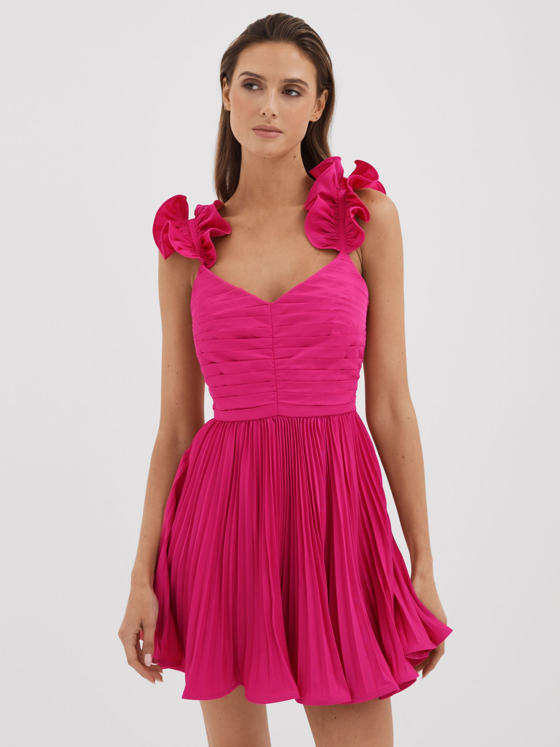 Amur Ruffle Strap Pleated Mini Dress in Pink Cabaret (K80124) | US$326