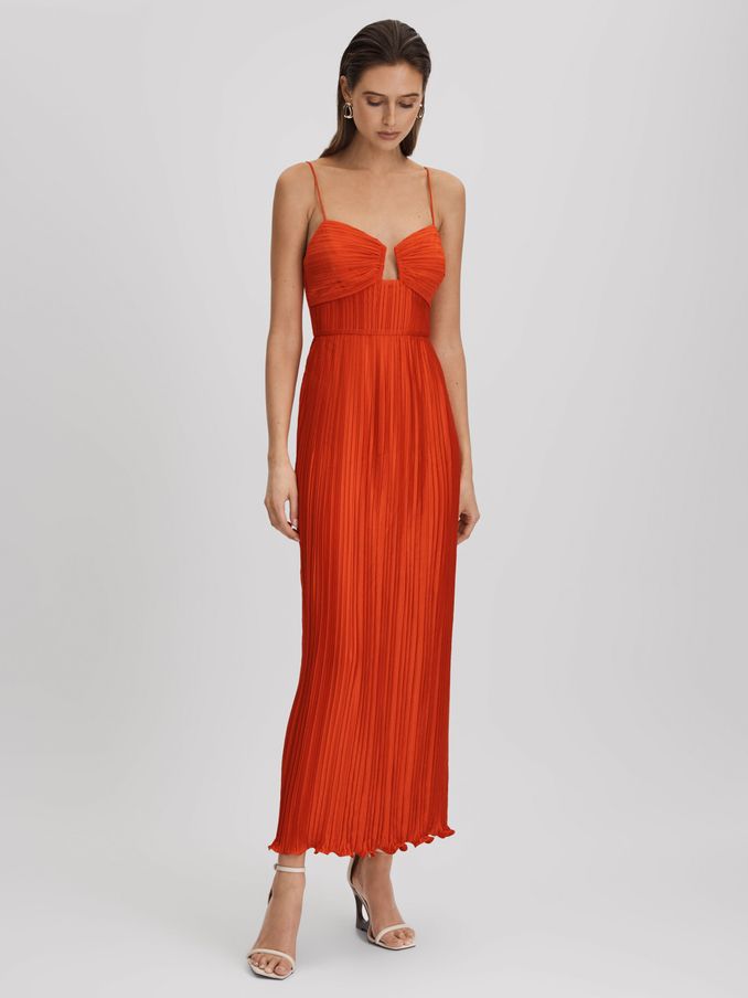 Amur Ruffle Hem Pleated Midi Dress in Crimson Red (K80127) | US$401