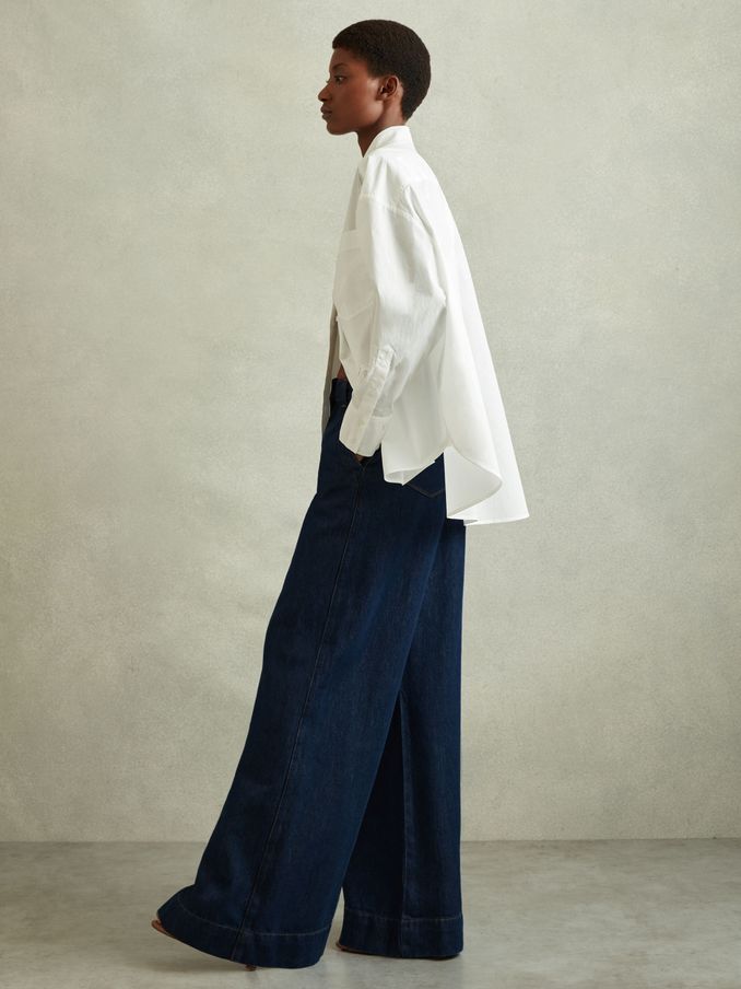 Wide Leg Contrast Stitch Jeans in Dark Blue (K80582) | €70
