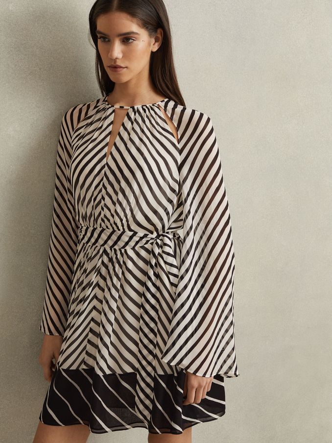 Striped Cut-Out Mini Dress in Black/Neutral (K80818) | US$113