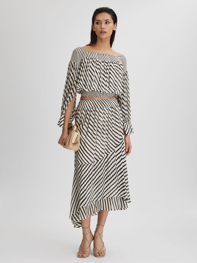 Striped Panelled Midi Skirt in Black/Cream (K80819) | US$110