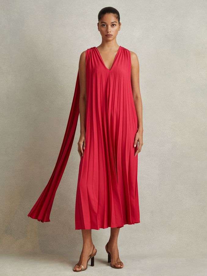 Pleated Cape Sleeve Midi Dress in Coral (K80820) | HK$1,227
