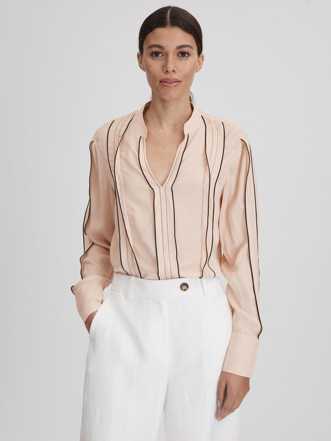 Contrast Trim Ruffle Blouse in Nude (K80821) | US$92