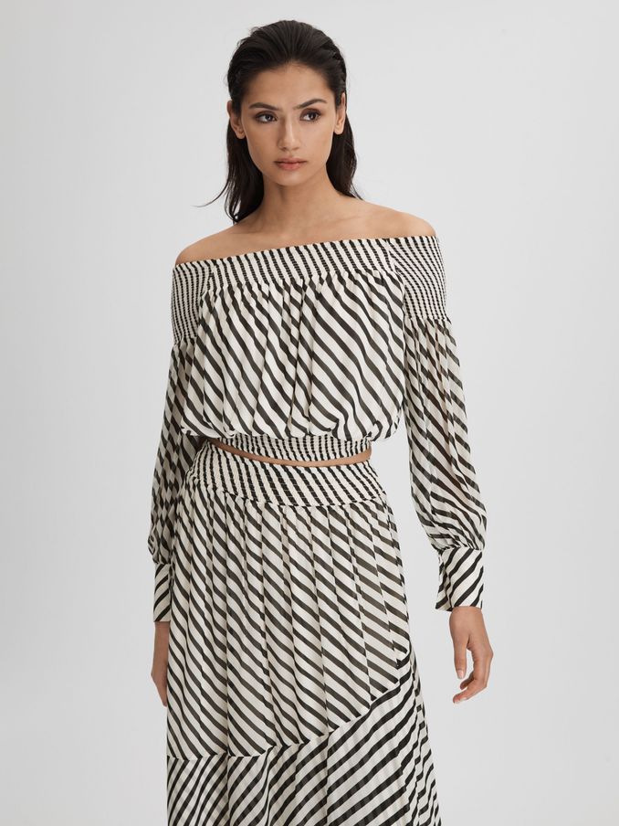 Striped Bardot Cropped Top in Black/Cream (K80841) | US$73