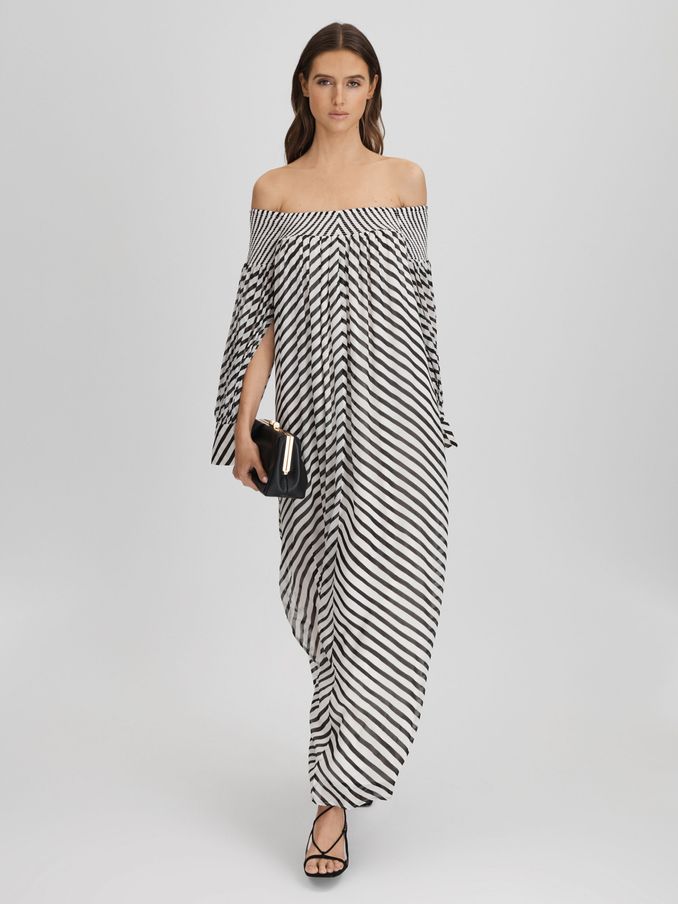 Striped Bardot Maxi Dress in Black/Cream (K80849) | US$144