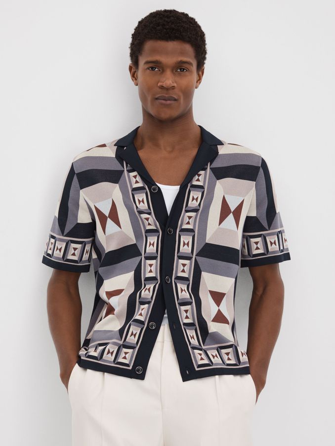 Knitted Cuban Collar Shirt in Blue Multi (K81459) | Kč1,535