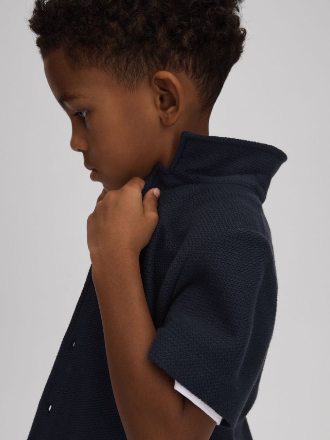 9-13 yrs Textured Cotton Cuban Collar Shirt in Navy (K81470) | €14