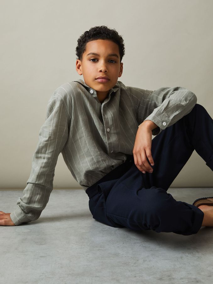 Striped Linen Cutaway Collar Shirt in Sage Stripe (K81487) | US$35