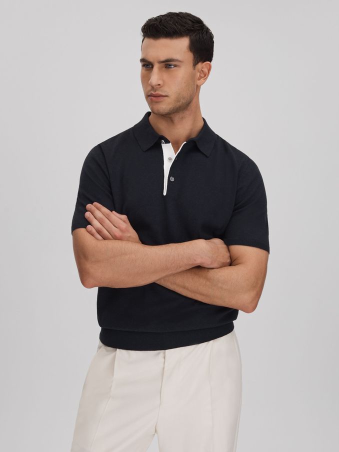 Cotton Blend Contrast Polo Shirt in Navy (K81504) | US$60