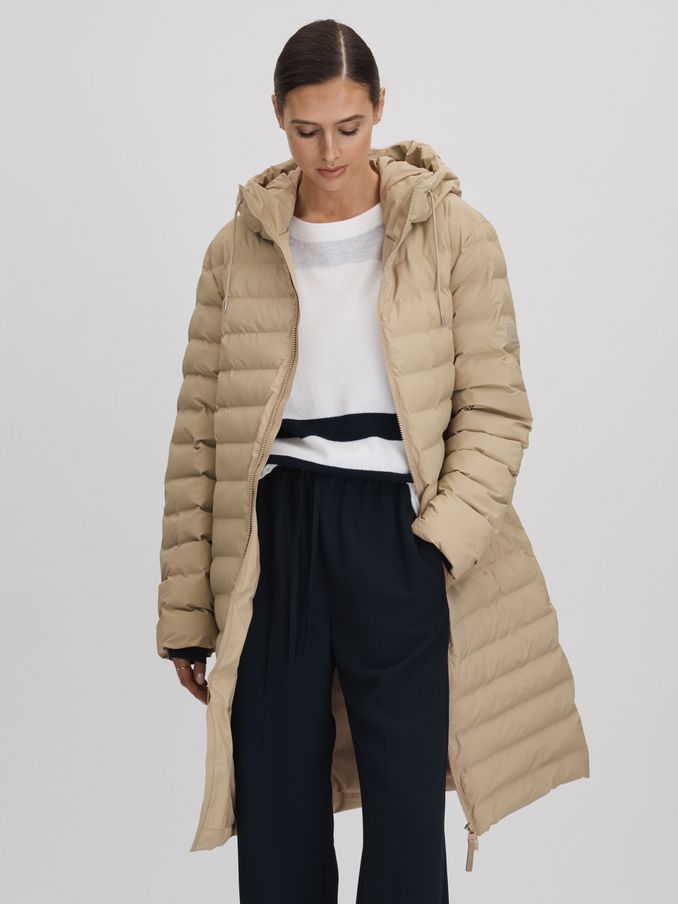 Rains Long Waterproof Puffer Jacket in Sand (K81526) | €200