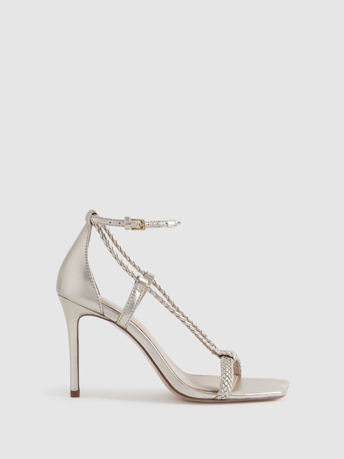 Leather Plaited Strappy Heeled Sandals in Gold (K81530) | US$98