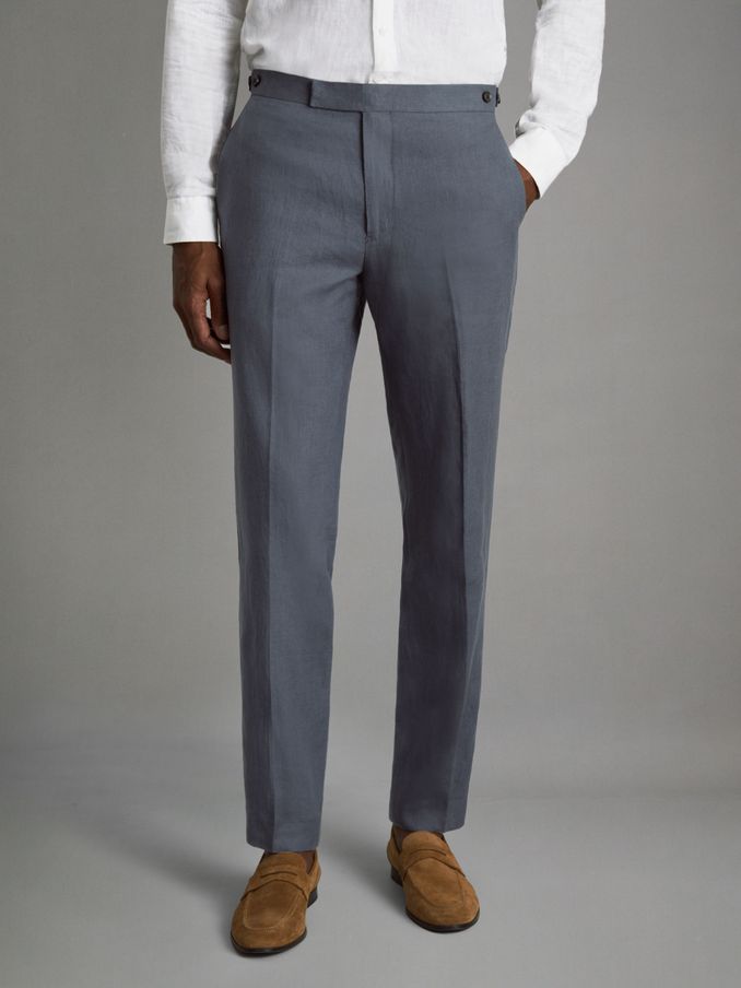 Kin Airforce Blue Slim Fit 100% Linen Adjuster Trousers (K81577) | HK$752