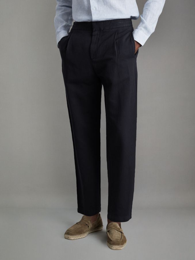 Relaxed Cotton/Linen Blend Elasticated Waist Trousers in Navy (K81608) | US$95