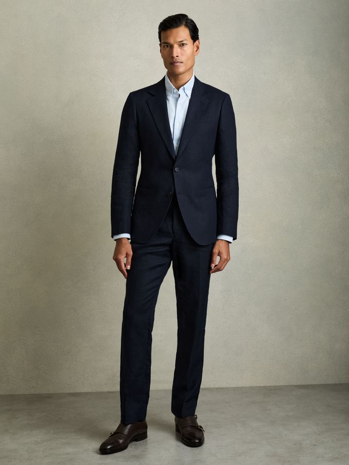 Slim Fit Single Breasted Linen Blazer in Navy (K81770) | AED1,675