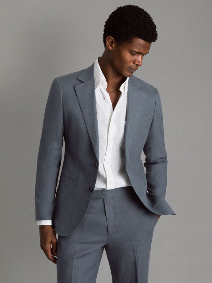 Single-Breasted Linen Suit Blazer Slim Fit in Airforce Blue (K81788) | HK$2,945
