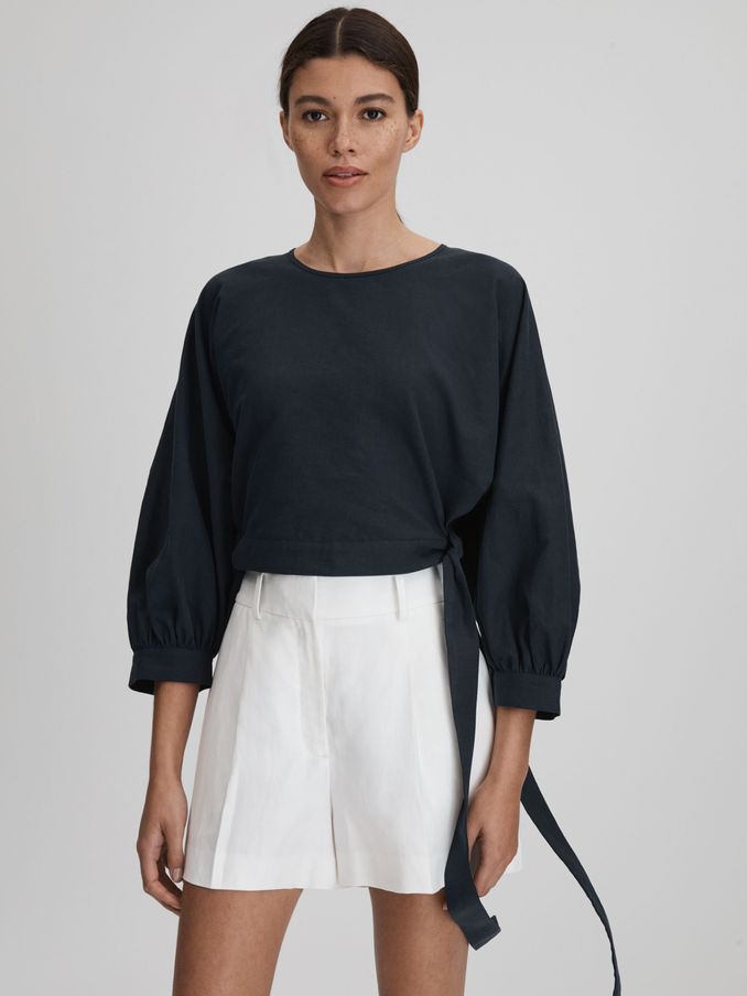Cropped Blouson Sleeve Top With Linen in Navy (K83077) | US$73