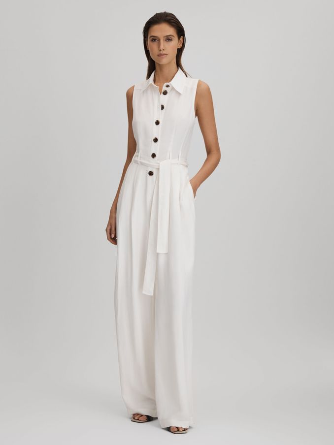 Belted Wide Leg Jumpsuit in White (K83094) | $117