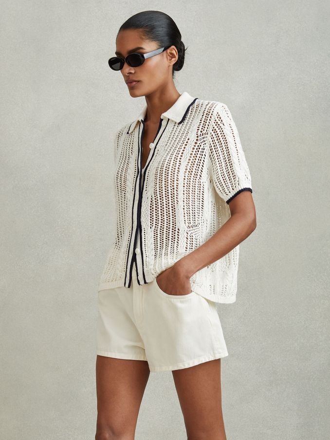Linen Open Stitch Shirt in Ivory/Navy (K83124) | ₪371