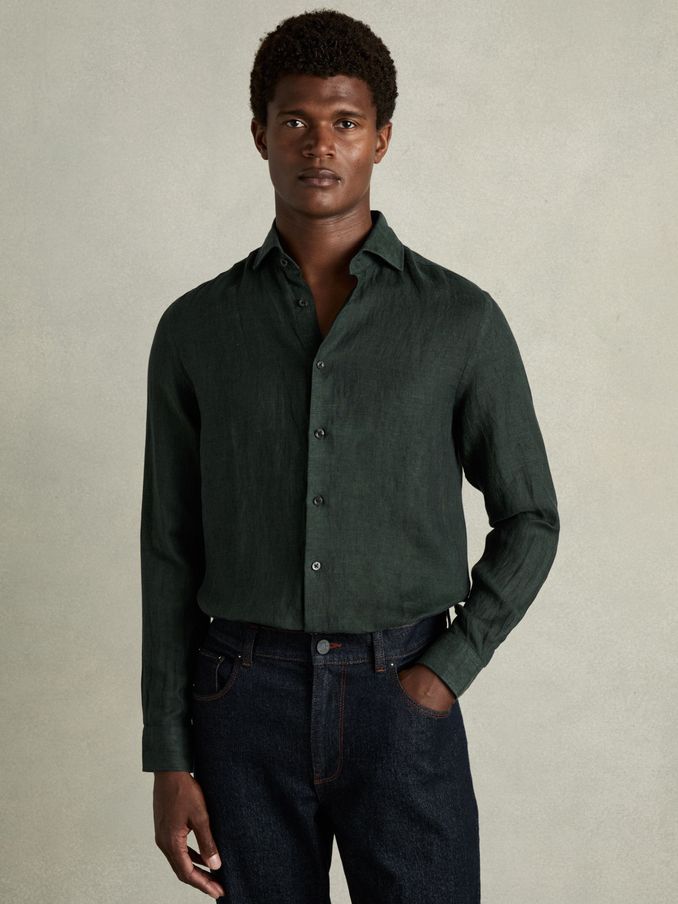 100% Linen Button-Through Shirt in Dark Green (K87092) | €140