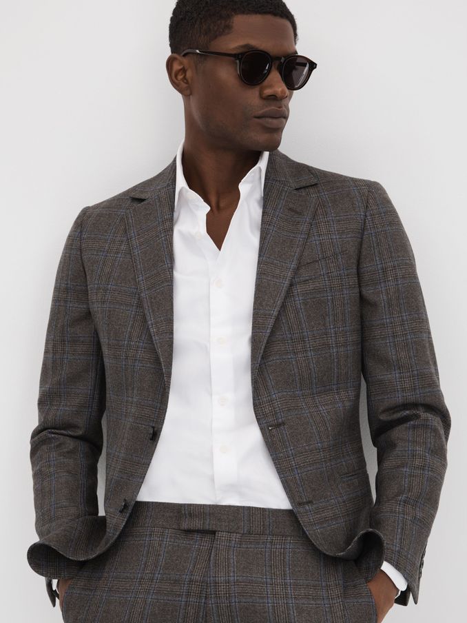 Slim Fit Wool Single Breasted Check Blazer in Brown Multi (K87111) | US$295