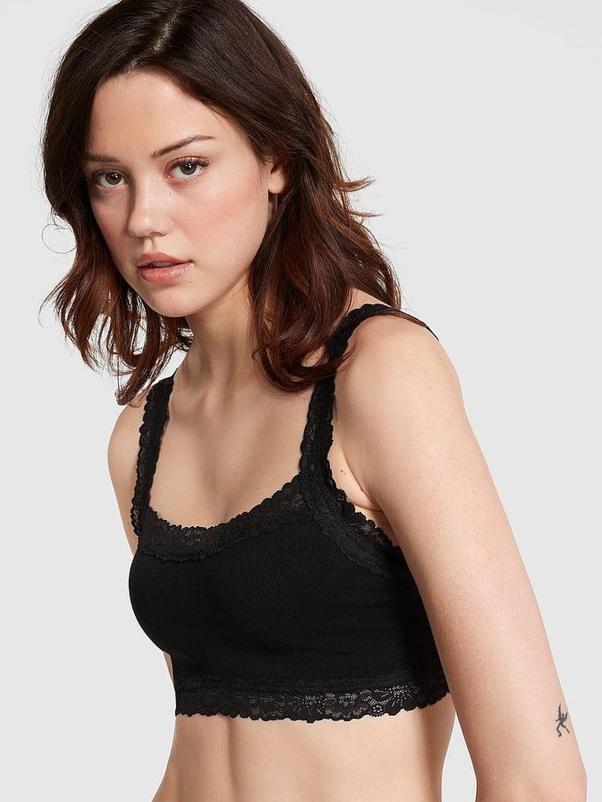 Pure Black Lace Trim Rib Seamless Bralette (K89154) | €12