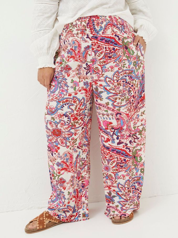 Natural Shirred Bright Paisley Palazzo Trousers (K90391) | €31