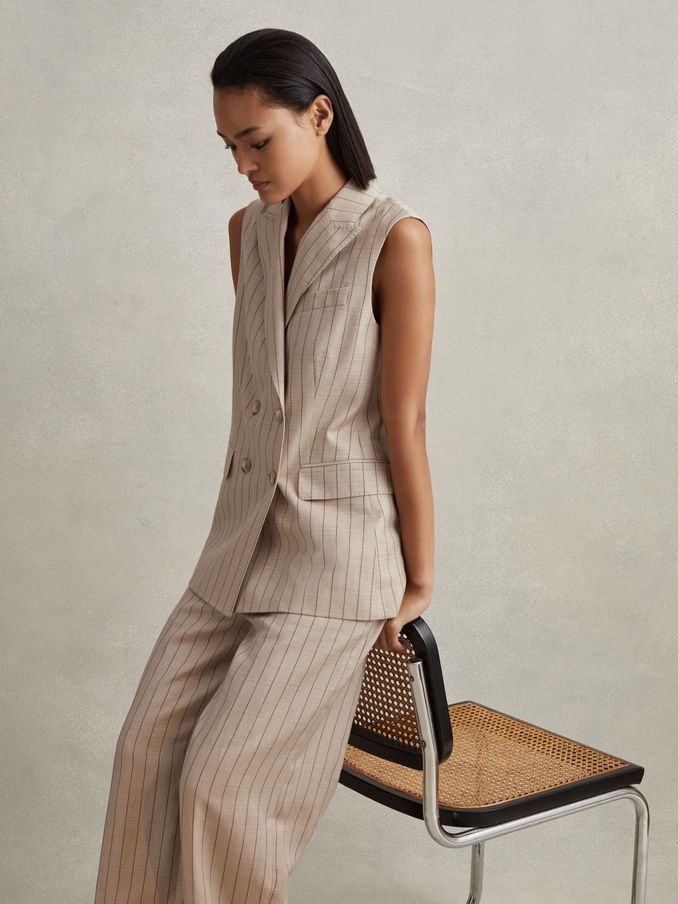 Wool Blend Striped Double Breasted Waistcoat in Neutral (K92227) | €115