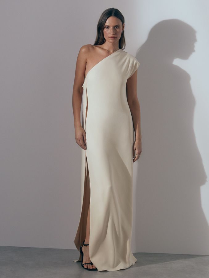 Atelier One-Shoulder Drape Back Maxi Dress in Off White (K92261) | US$262